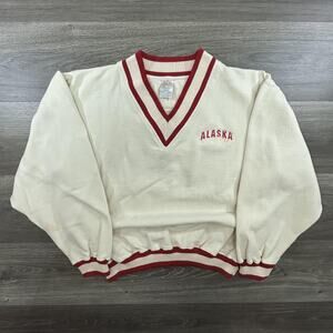 Vintage Alaska Sweater Mens Medium White Red V Neck Pullover BAC Cotton 80s